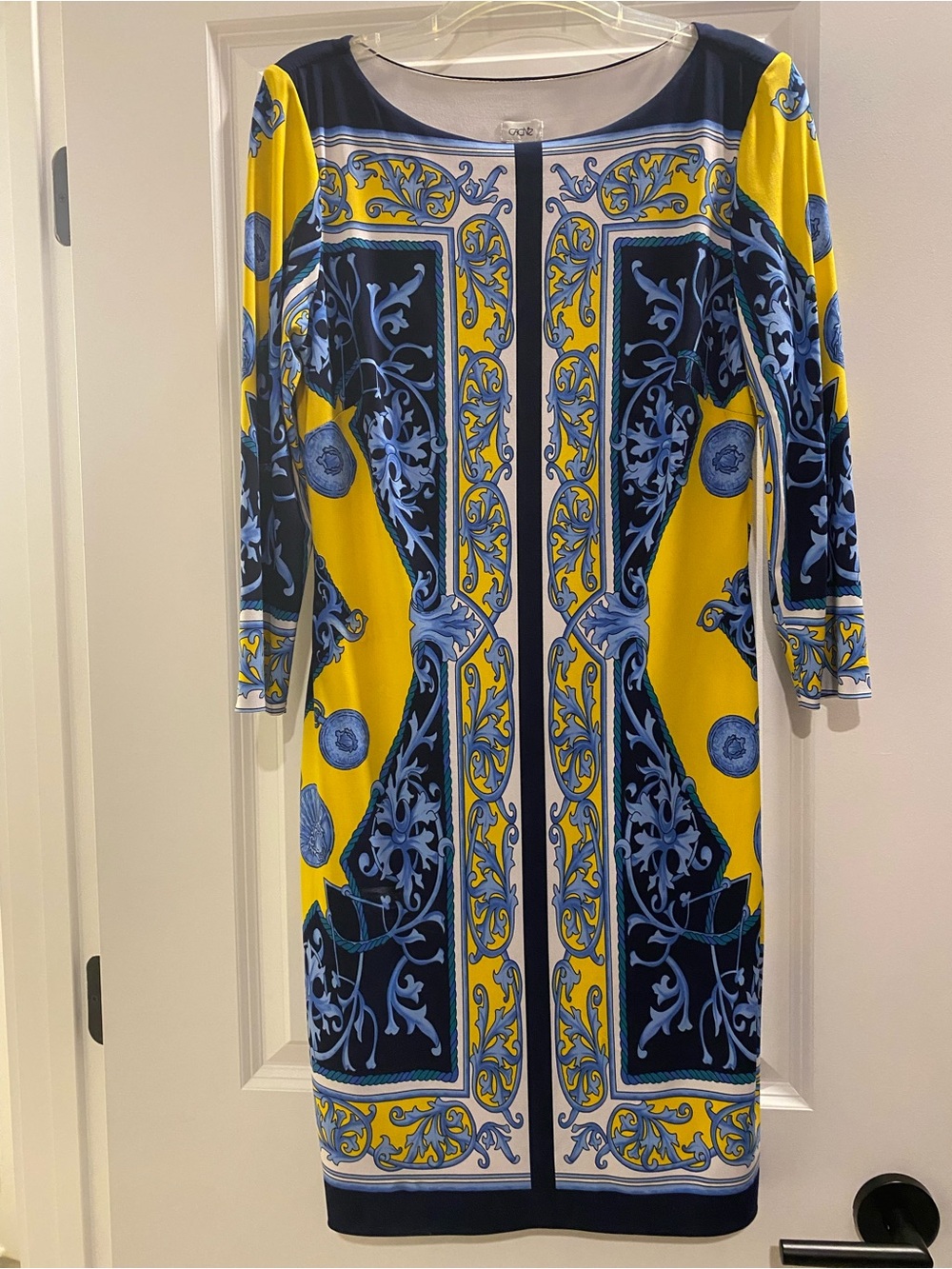 Cache Yellow and Navy Blue Printed Long-Sleeve Sheath Dress